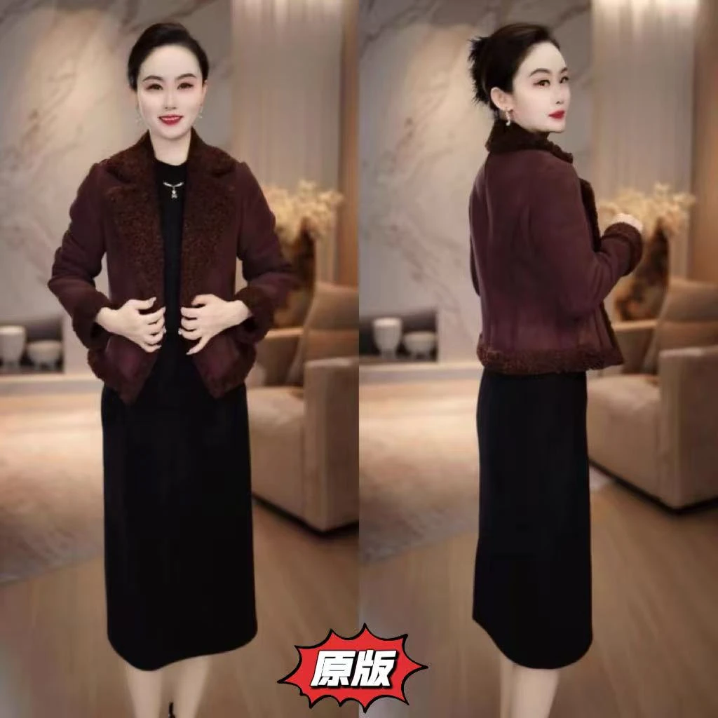 高档加绒加厚时尚保暖外套连衣裙两件套2025冬季新款显瘦洋气套装