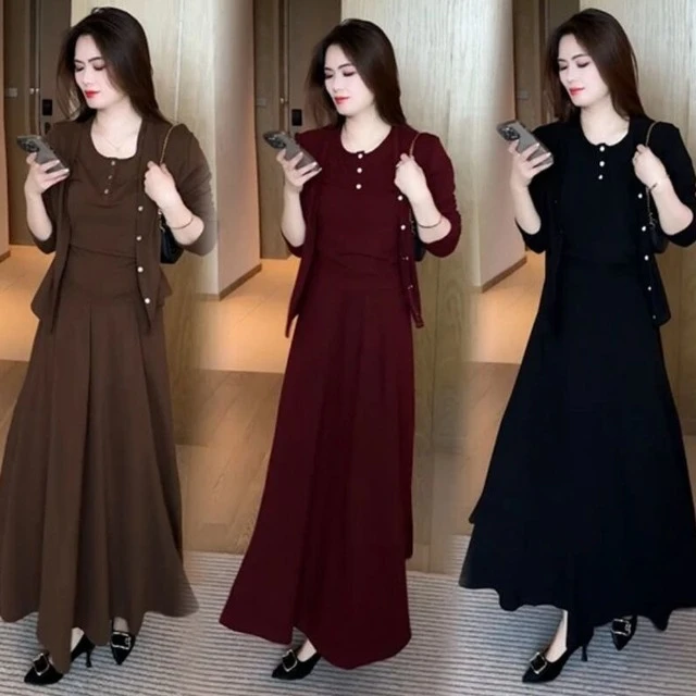 早秋洋气减龄休闲弹力套裙女春秋新款时尚色上衣开衫裙子三件套