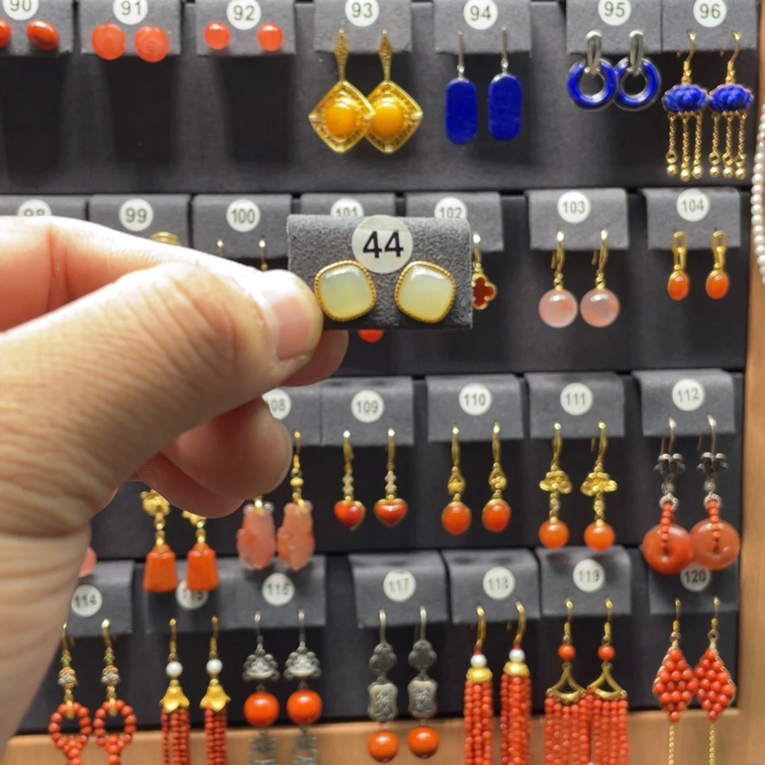 和田玉银S925镶嵌耳饰44号