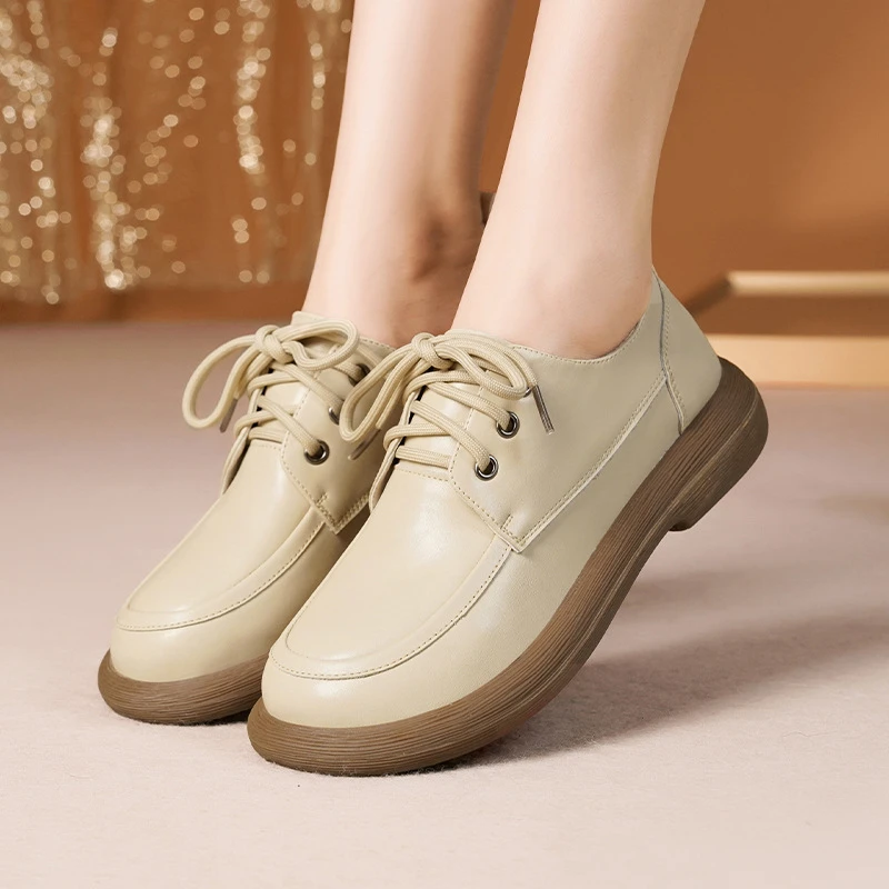 2025春季新款牛皮英伦风女鞋休闲舒适百搭小皮鞋系带单鞋平底时尚