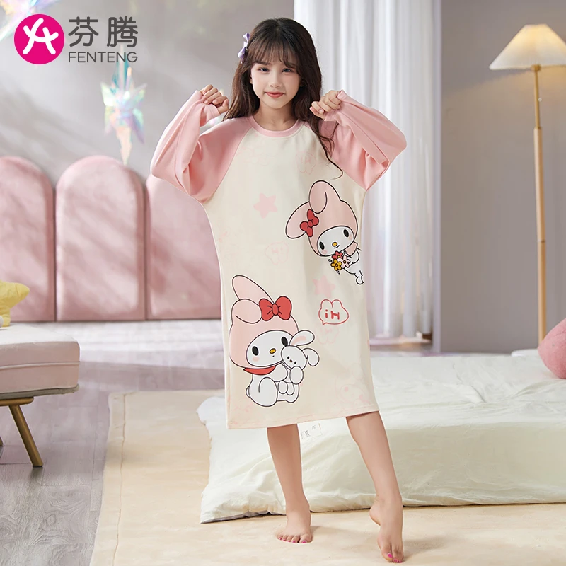 芬腾女童睡裙儿童纯棉春秋季长袖中大童2025新款卡通连衣裙家居服
