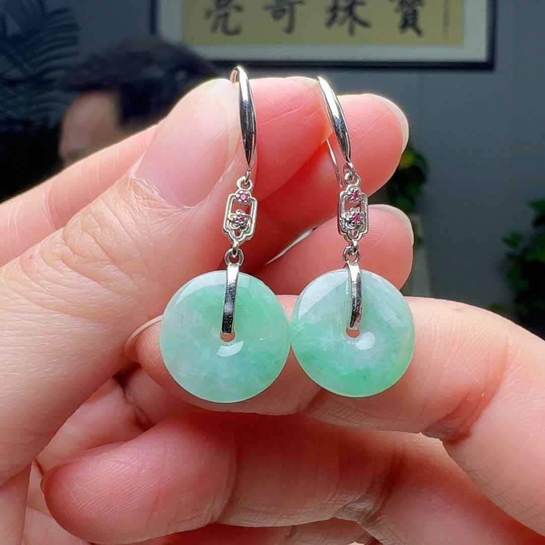 翡翠银S925镶嵌耳饰天然