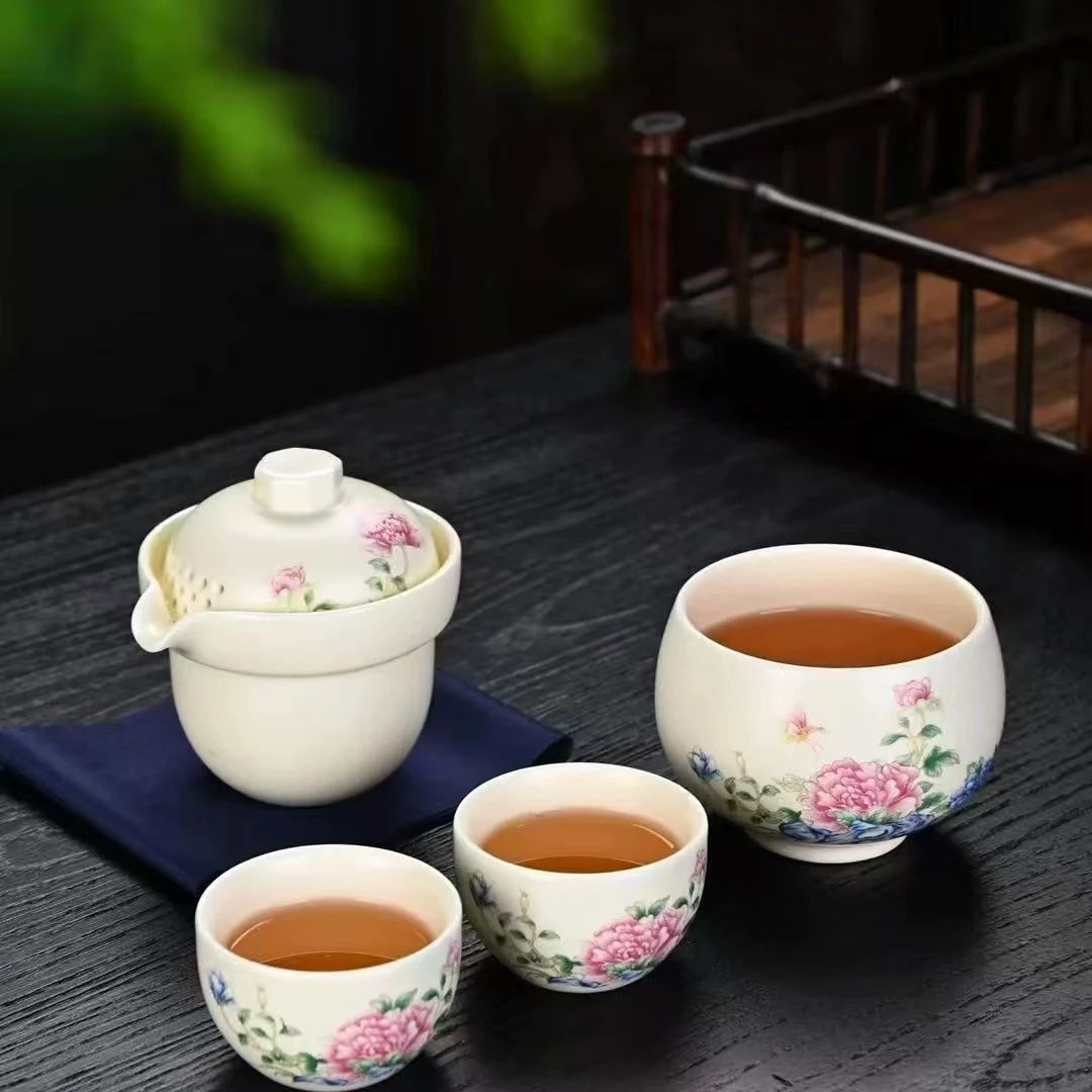 米黄汝窑牡丹陶瓷快客杯一壶三杯户外便携式泡茶旅游功夫茶杯@964