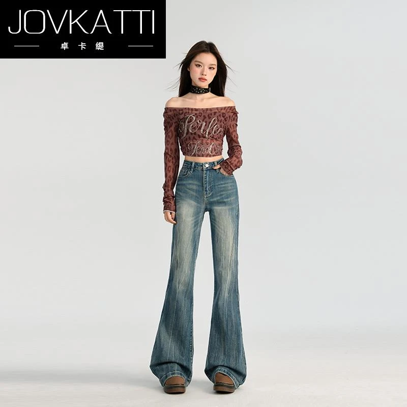 Jovkatti高腰弹力微喇叭牛仔裤女2025春秋新款修身猫须水洗马蹄裤