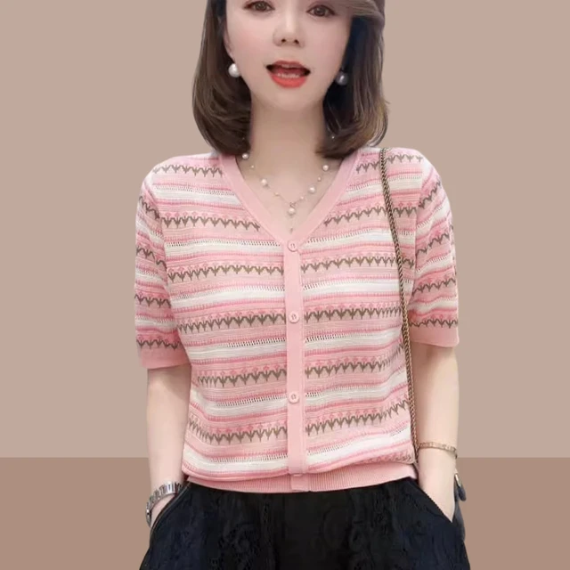 冰丝条纹短袖t恤女2025夏季新款V领针织衫爆款遮肚显瘦上衣服女装