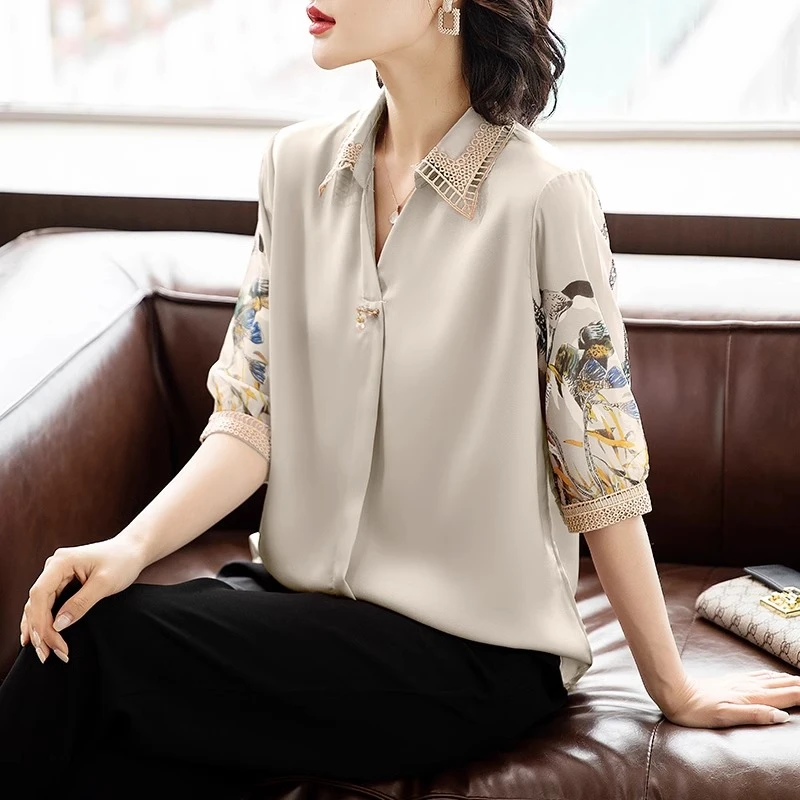 妈妈夏装套装洋气真丝小衫中老年女春夏上衣40岁50衬衫新款两件套