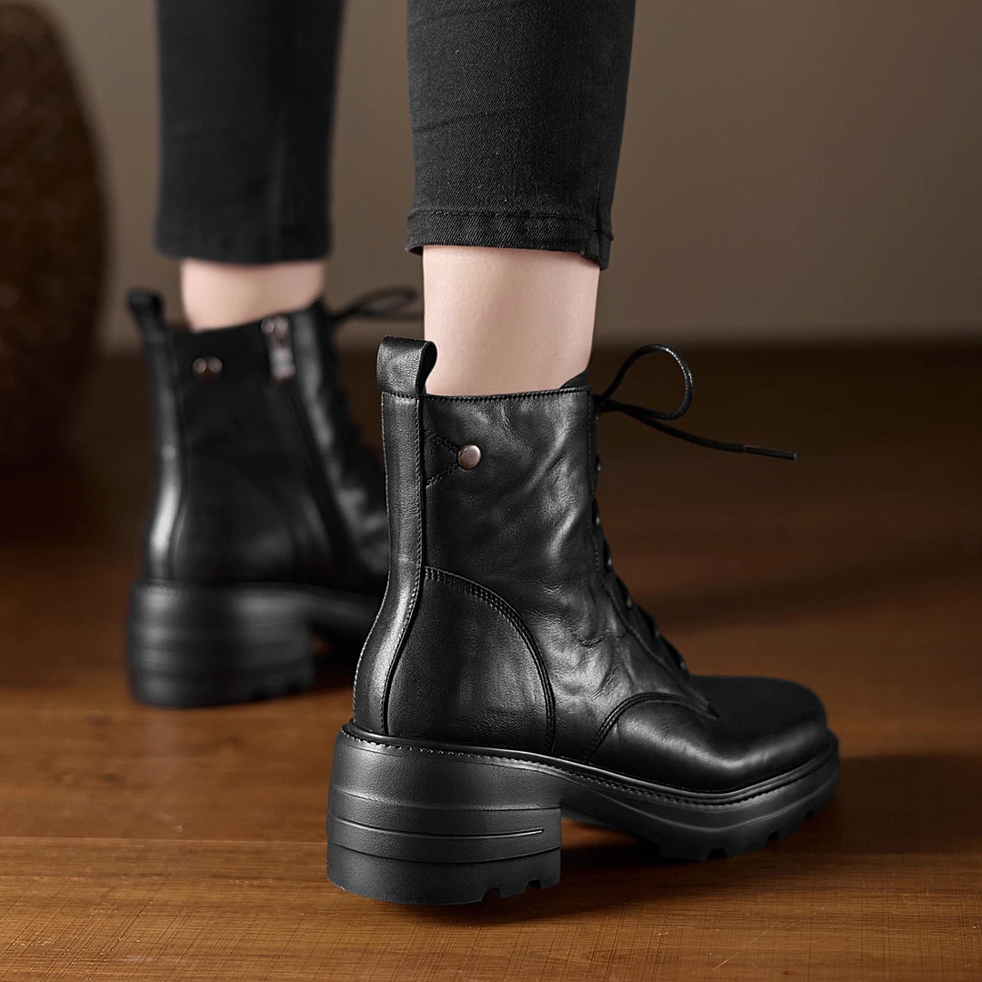 5.5cm小个子久穿不累脚厚底马丁靴黑色系带机车靴圆头短筒单靴子