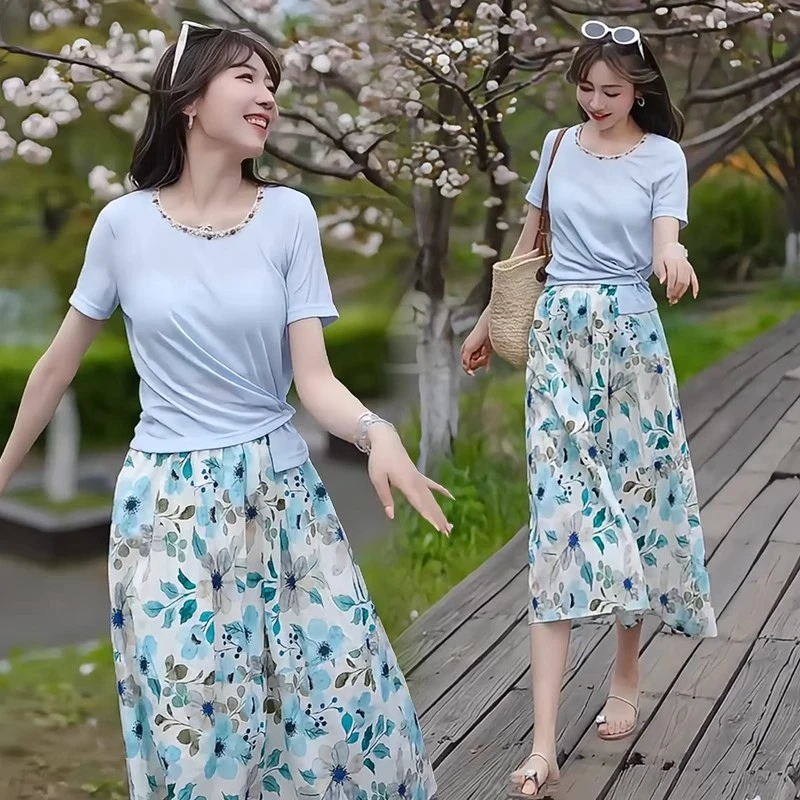 时尚套装裙女2025夏季新款时髦洋气修身短袖上衣碎花半身裙两件套