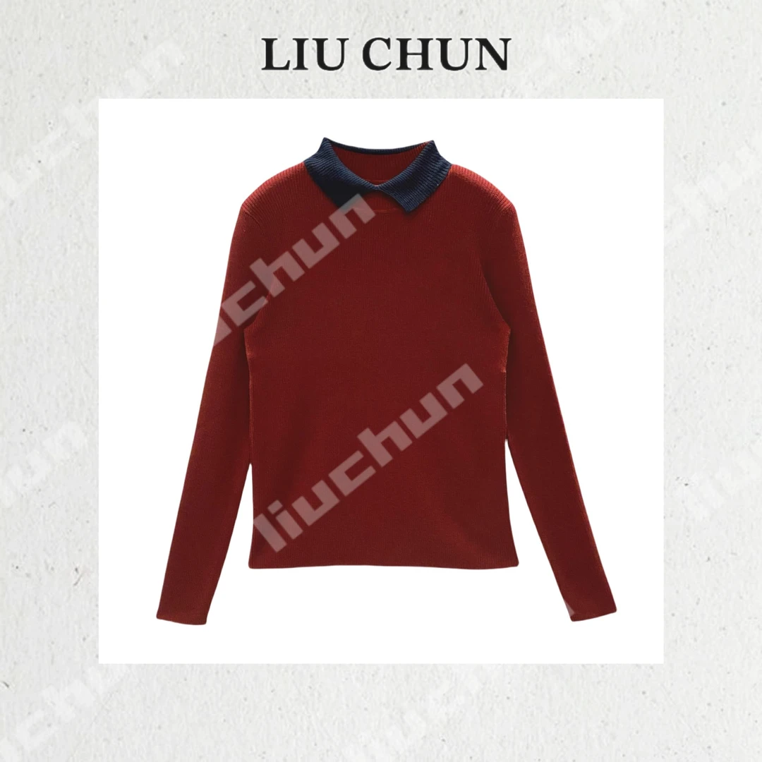 【翻领拼色】CHUN家秋季百搭宽松针织上衣