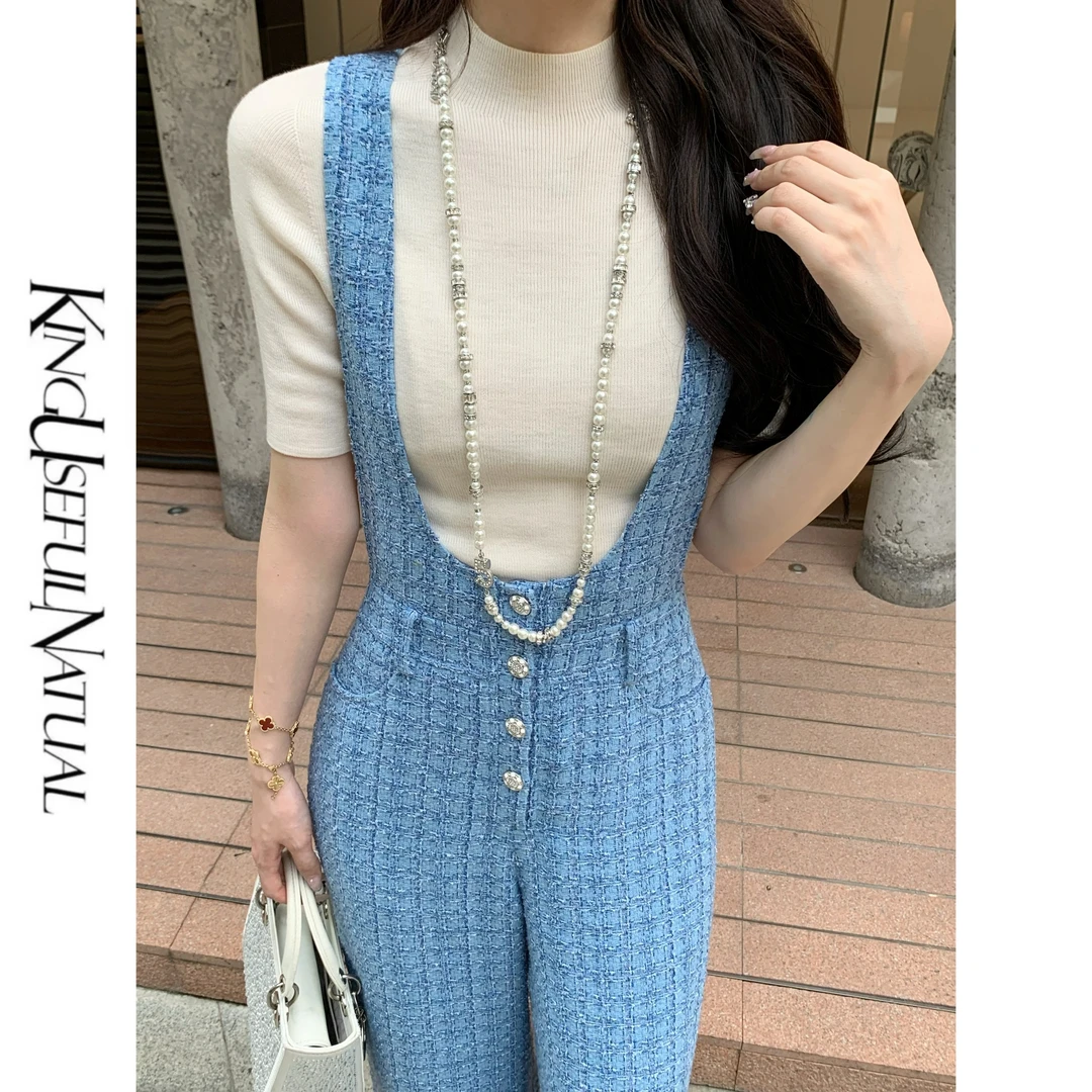 KUN【理想型】实穿背带 精致蓝调杂色肌理格小香风好搭阔腿背带裤子