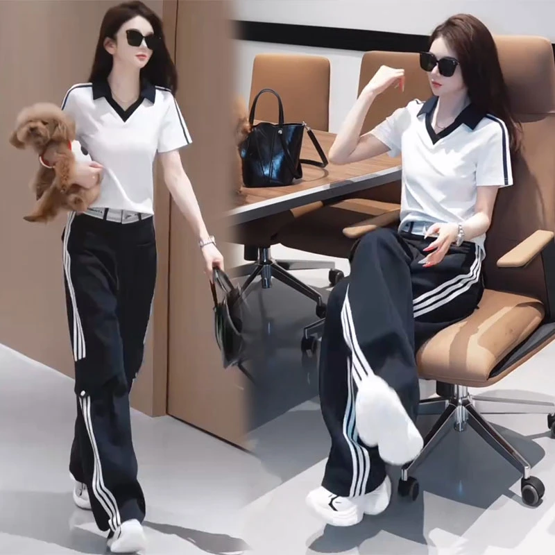 2025夏季polo领短袖t恤三条杠高档直筒休闲裤子显瘦减龄两件套装