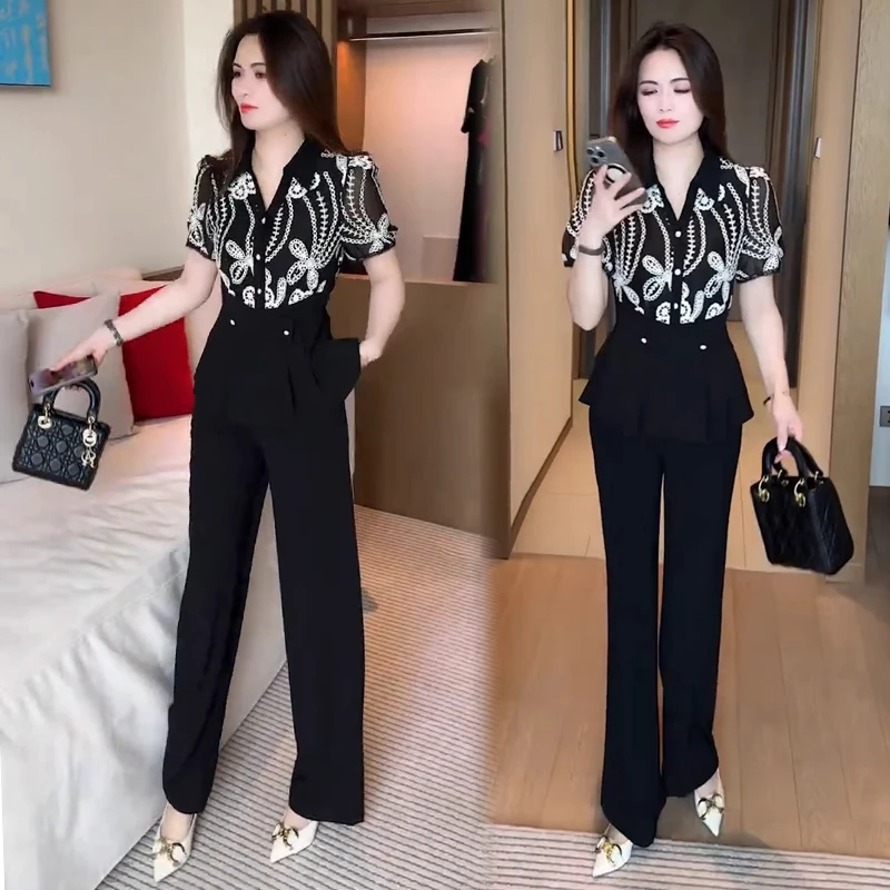 时尚套装女2025夏季新款时髦洋气短袖衬衫阔腿裤气质显瘦两件套潮