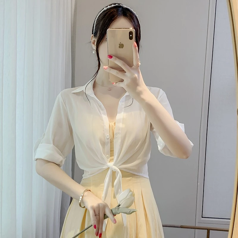 冰丝雪纺防晒衣女夏季配吊带裙外搭披肩开衫休闲系带白衬衫短外套