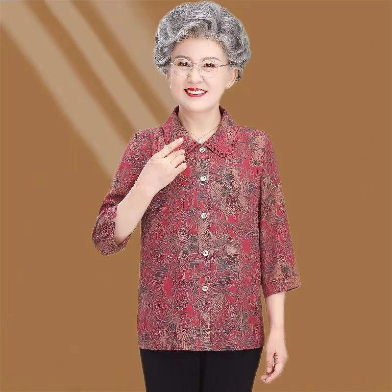 妈妈绣花七分袖衬衫2025新品老人衣服夏季薄款
