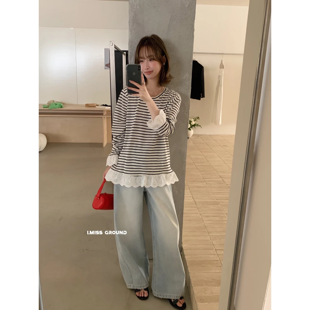 31005#镂空蕾丝边拼接条纹长袖T恤