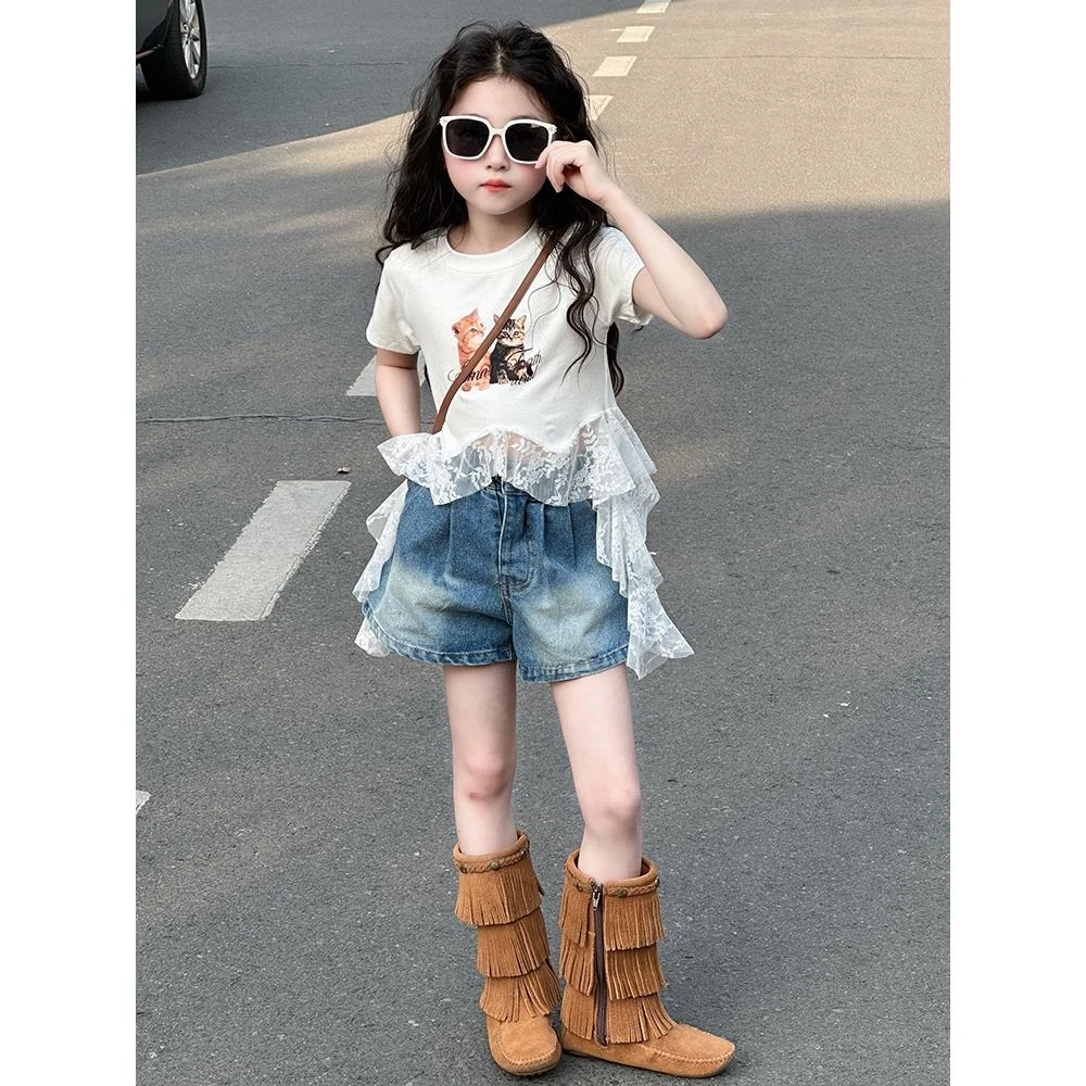 女童夏装短袖T恤儿童洋气时髦蕾丝拼接上衣中大童打底衫