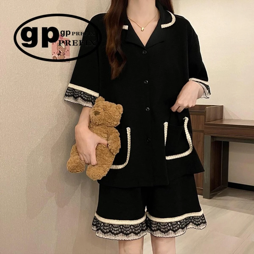 日系小众GP睡衣女款夏天短袖短裤纯棉蕾丝性感黑色大码家居服套装