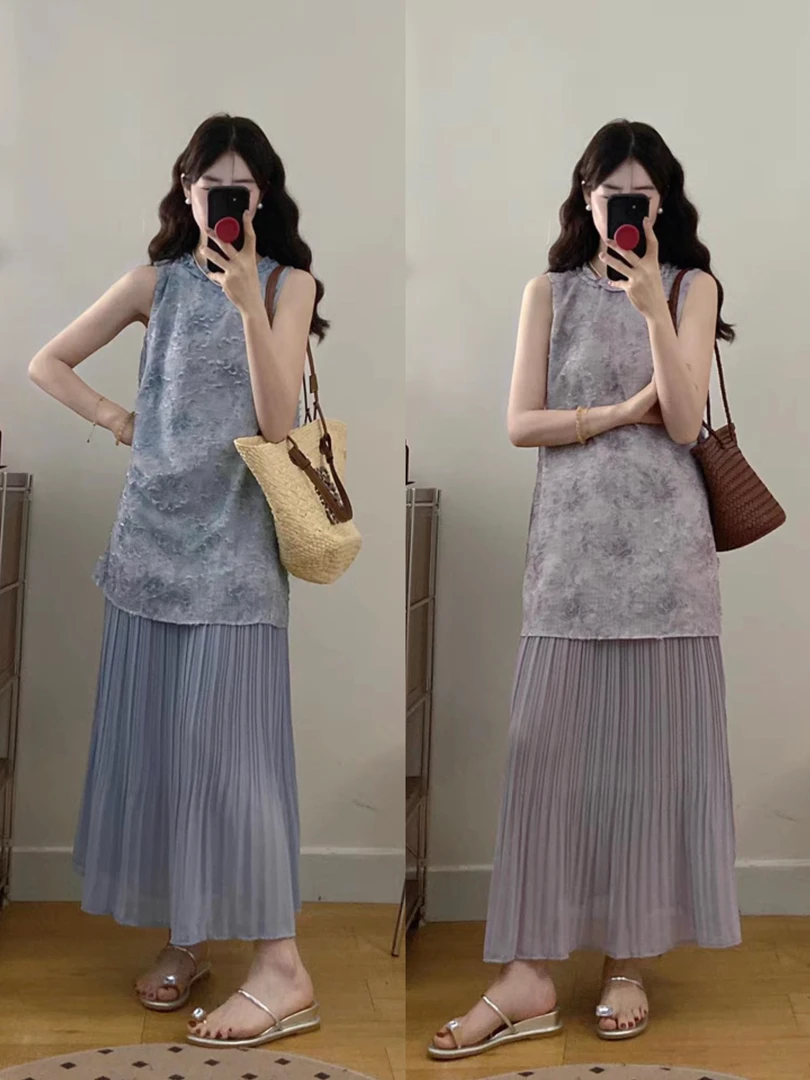 薇莎6215【缪斯蓝调】中长款假两件拼接提花背心连衣裙