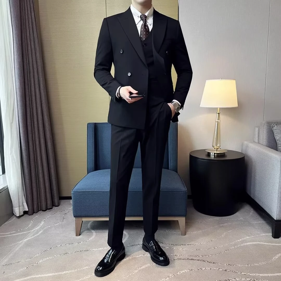 秋冬痞帅休闲双排扣西服套装男轻熟风西服轻奢时尚单排扣外套上衣