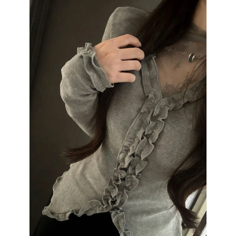 木耳花边V领T恤女长袖秋冬不规则下摆内搭收腰显瘦叠搭打底衫上衣