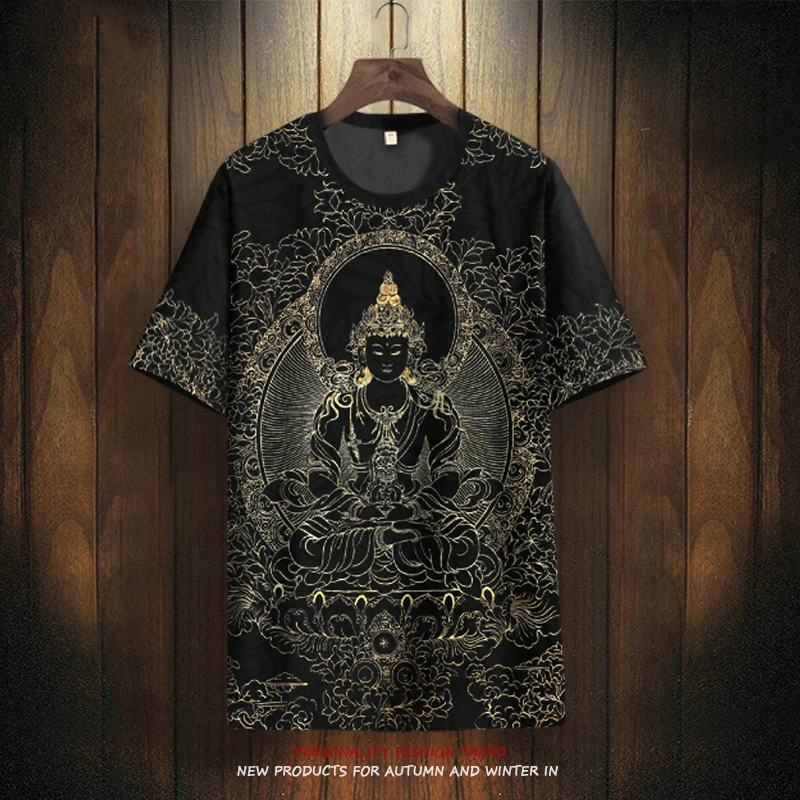 短袖t恤男士潮中国风夏季新款半袖佛像印花精神小伙冰丝透气上衣