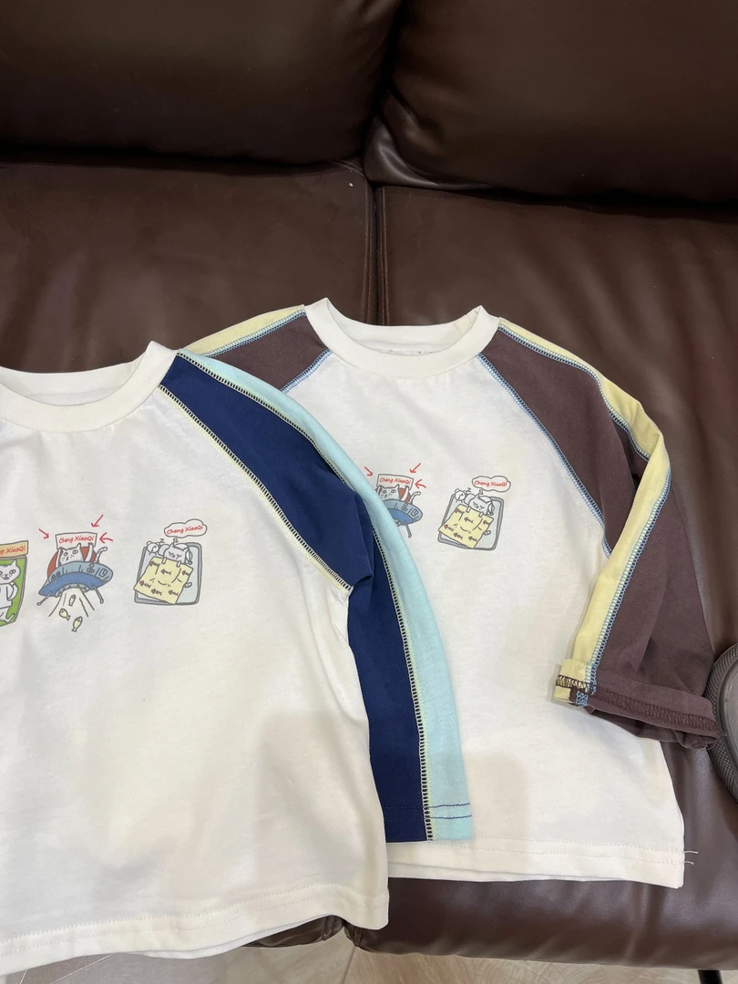 【2025春】韩版儿童拼色擦肩袖打底衫