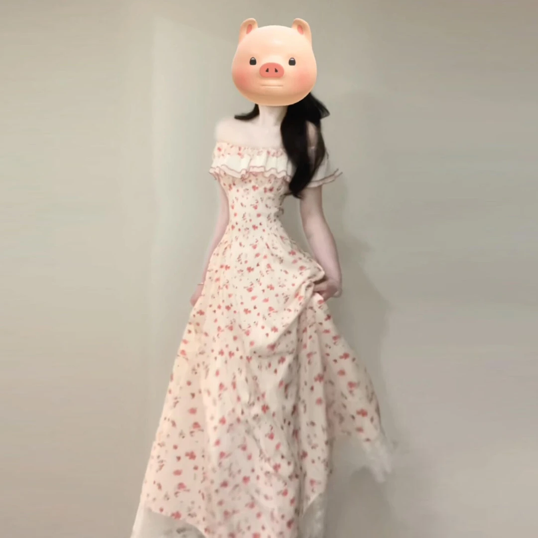 一字肩法式碎花连衣裙子女修身2025新款气质荷叶边抹胸收腰长裙