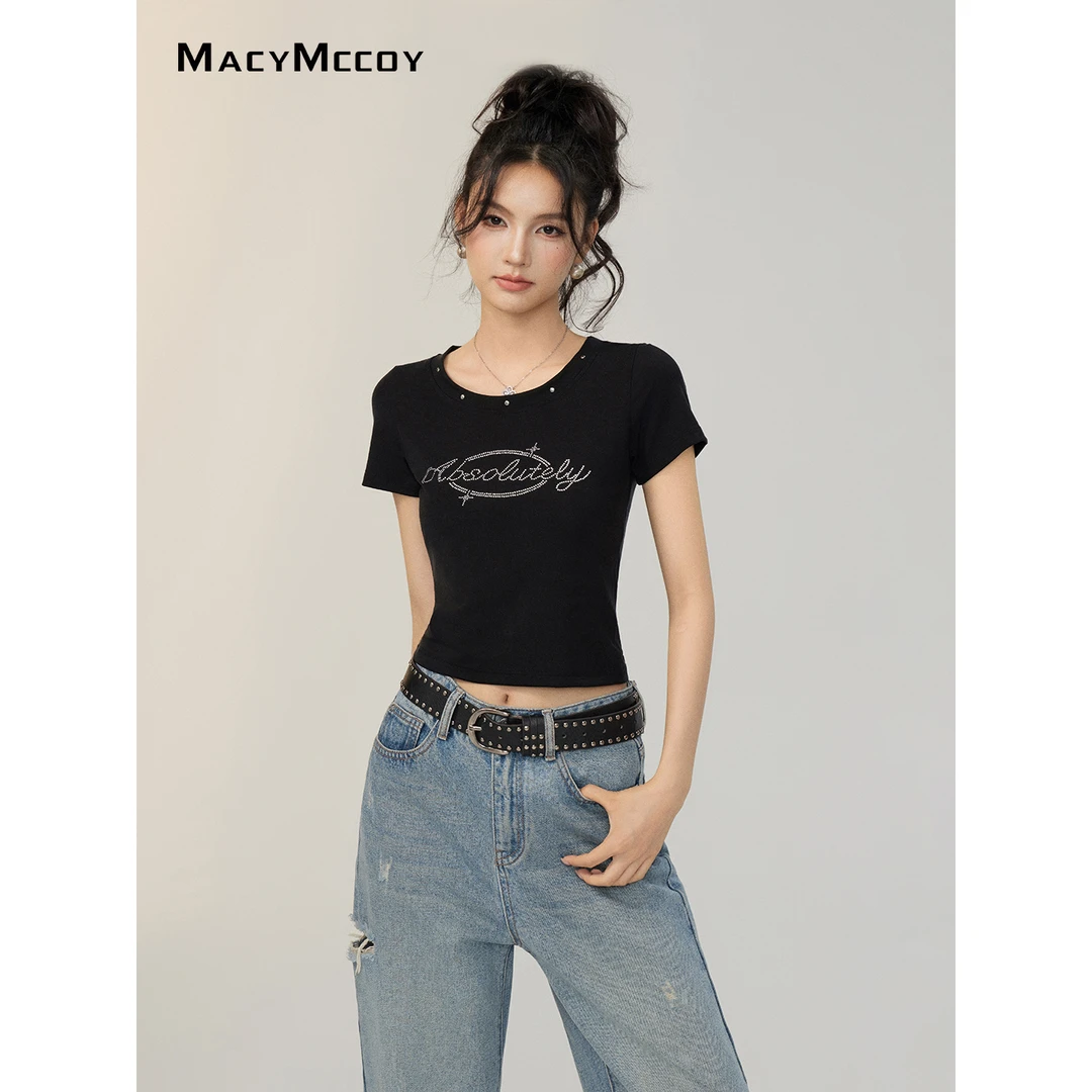 MacyMccoy铆钉烫钻T恤女夏季新品设计感百搭短袖正肩短款显瘦上衣