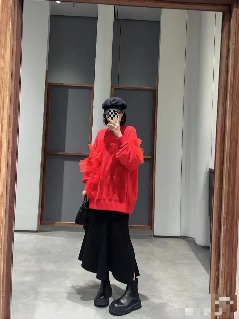 女士秋季卫衣拼纱红色休闲款（微瑕）