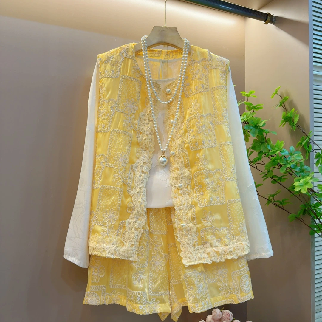 新中式复古时尚夏季胖妹妹显瘦国风 复古马甲上衣短裤套装