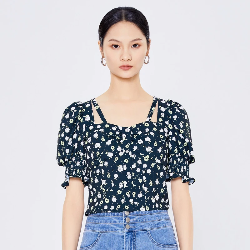 【小余专属1】PEOLEO夏碎花上衣女方领小衫PM3309039