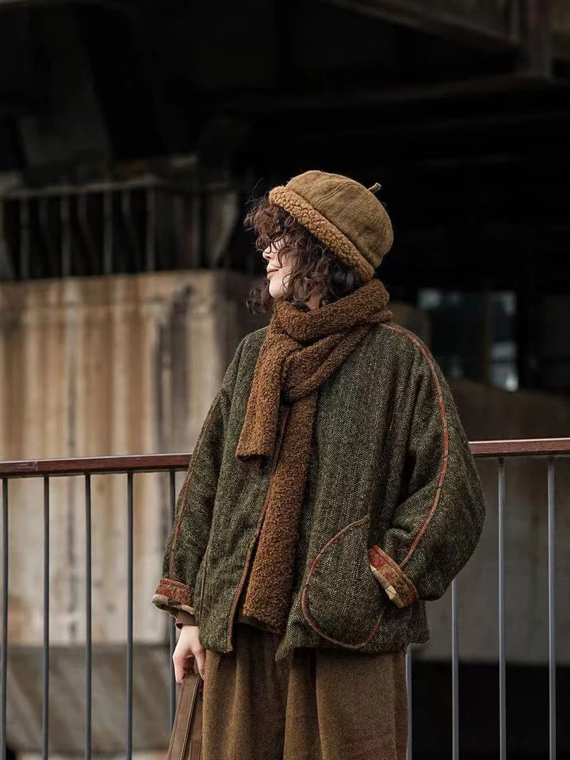 疯子张24冬款复古慵懒感拼接花条宽松休闲棉衣#08399