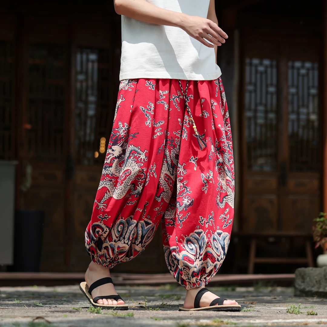 中国风红色龙纹印花沙滩裤男士休闲九分裤夏季大码宽松哈伦运动裤