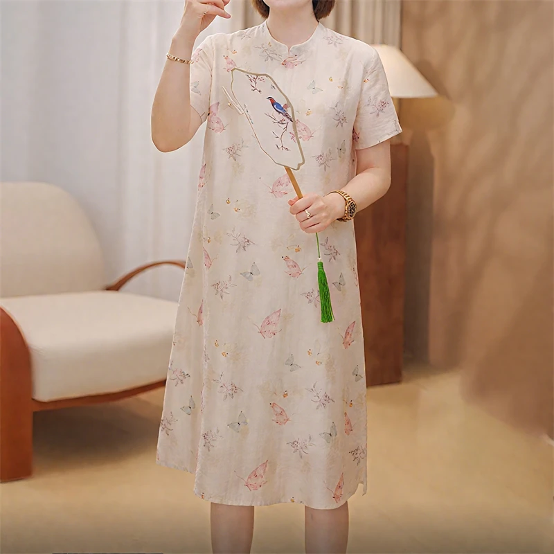 新中式国风连衣裙女夏季2025新款高级感显瘦气质中长款花蝴蝶裙子