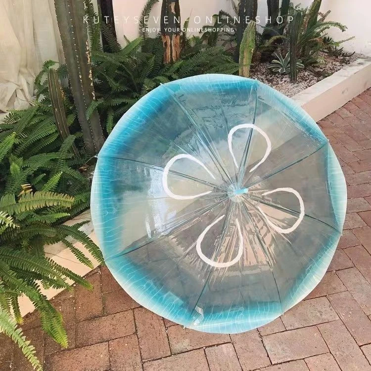 现货日系梦幻网海月水母透明雨伞加厚自动抗风拱形弯柄长柄雨伞L