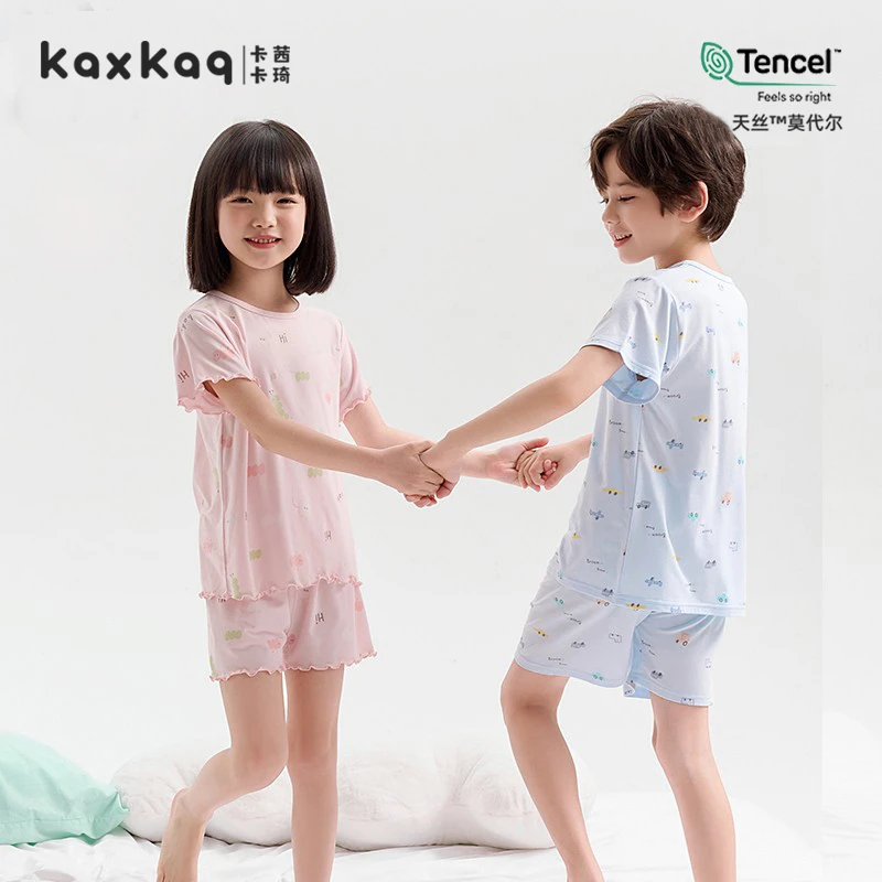 卡茜卡琦儿童短袖家居服套装睡衣男孩女孩春秋季中大童睡衣印花