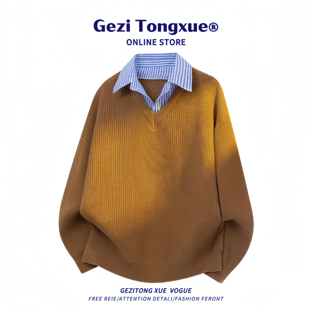 复古假两件拼接条纹衬衫领针织毛衣男士2025秋冬宽松慵懒风针织衫