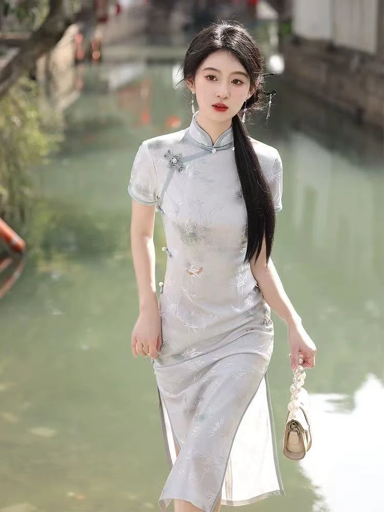0545 灰蓝色【锦鲤】 蝴蝶对扣 竹影 旗袍
