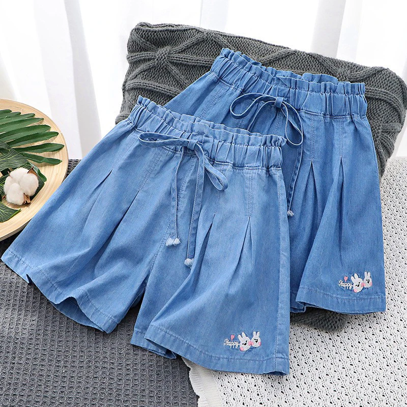 巴拉扣扣女童牛仔短裤夏季薄款外穿天丝儿童中大童冰丝宽松热裤休