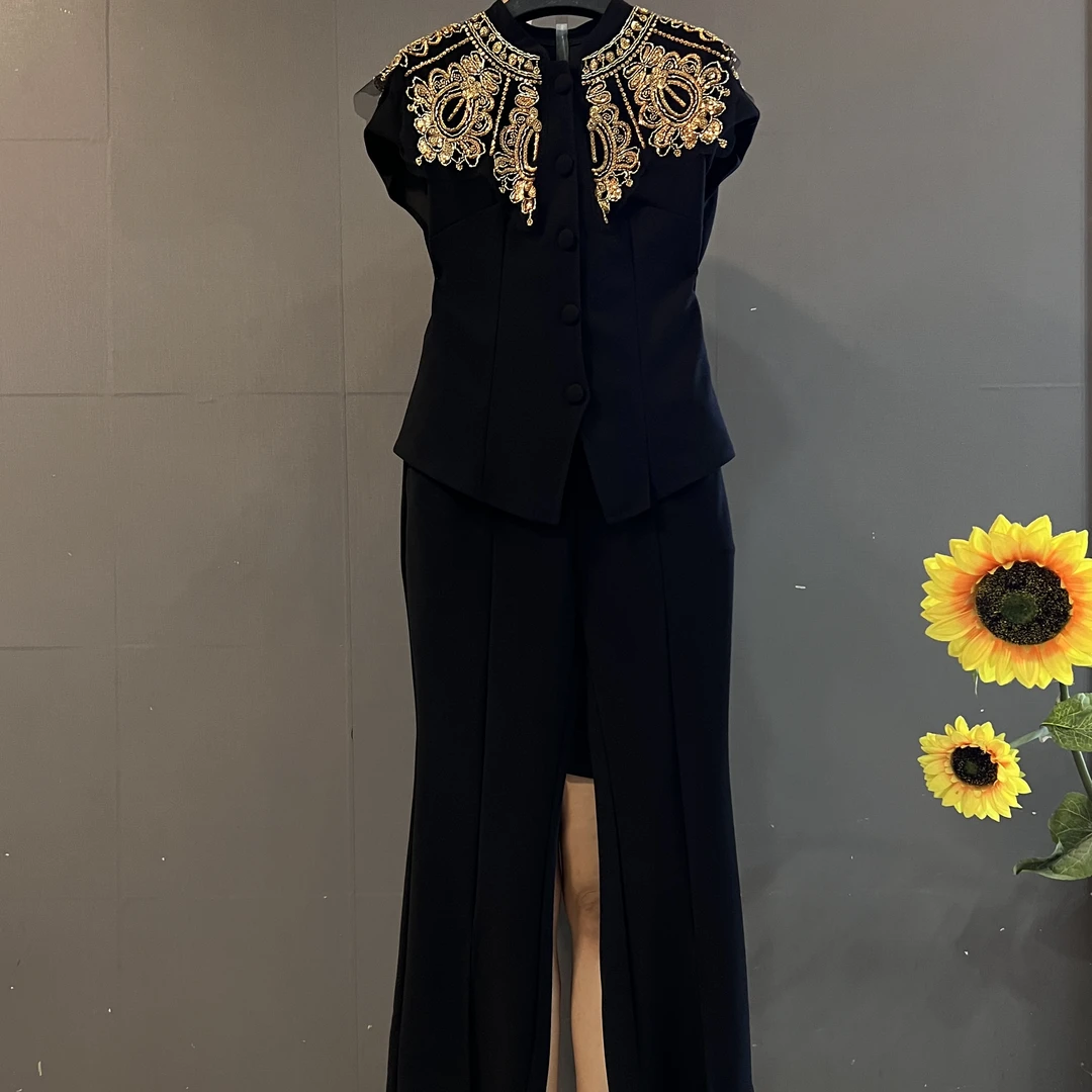 法式轻奢设计感重工钉珠亮片刺绣无袖上衣长裤时尚套装遮肉显瘦