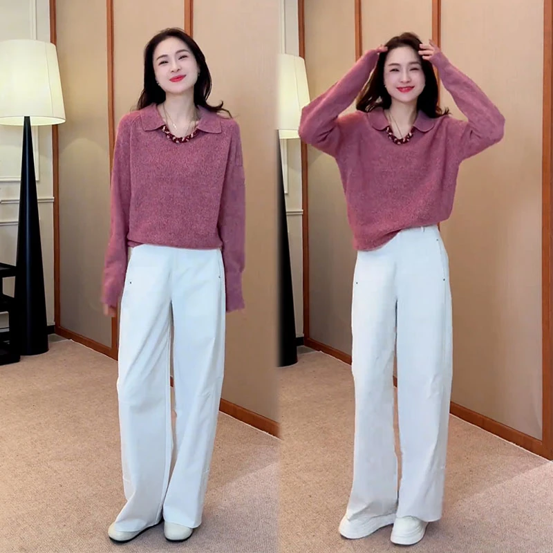 2025秋季新款设计感韩版简约气质翻领毛衣女搭配休闲阔腿裤两件套