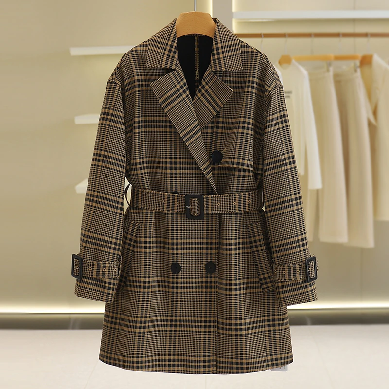 【伍莎-自营】方领格子收腰双排扣中长款风衣#POS48W111