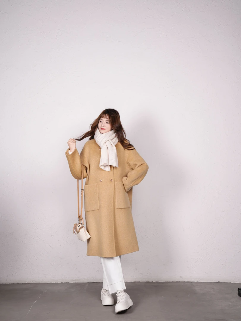 小个子小众气质韩系经典双排扣时尚保暖长款羊毛大衣25909