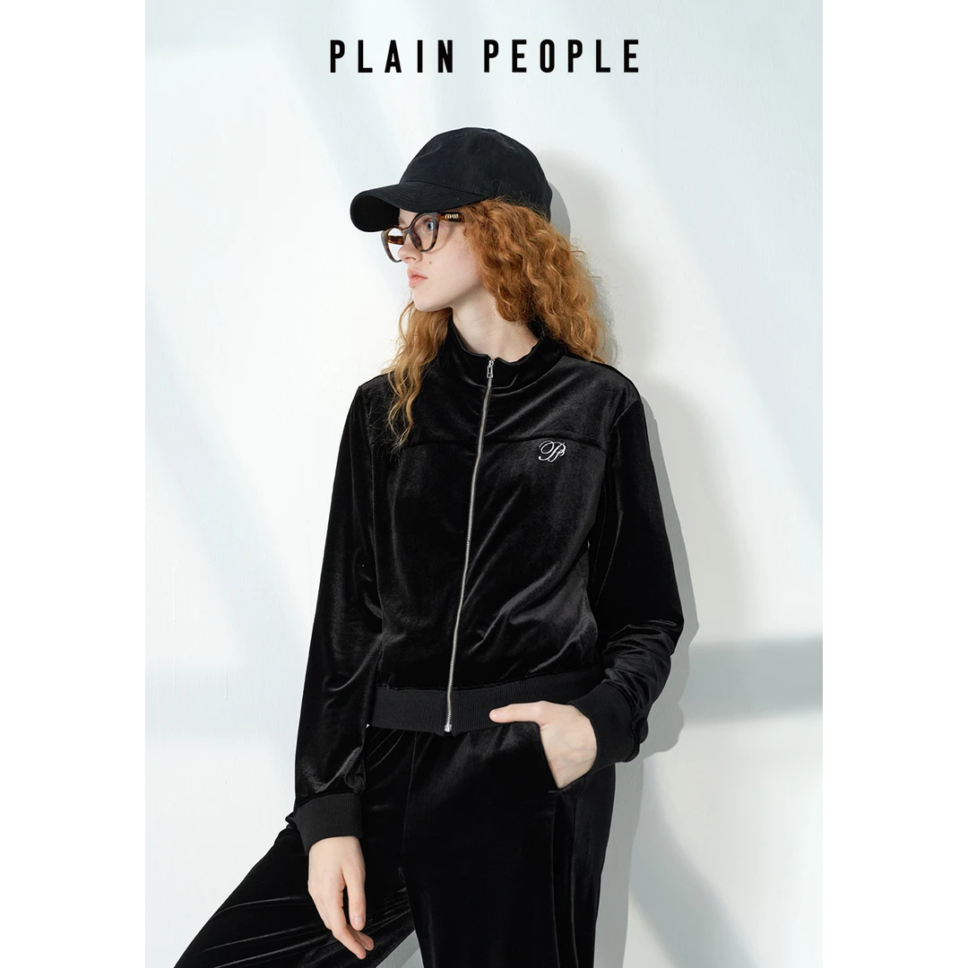 PLAIN PEOPLE【轻户外】法式复古丝绒拉链外套女黑色女2025秋款