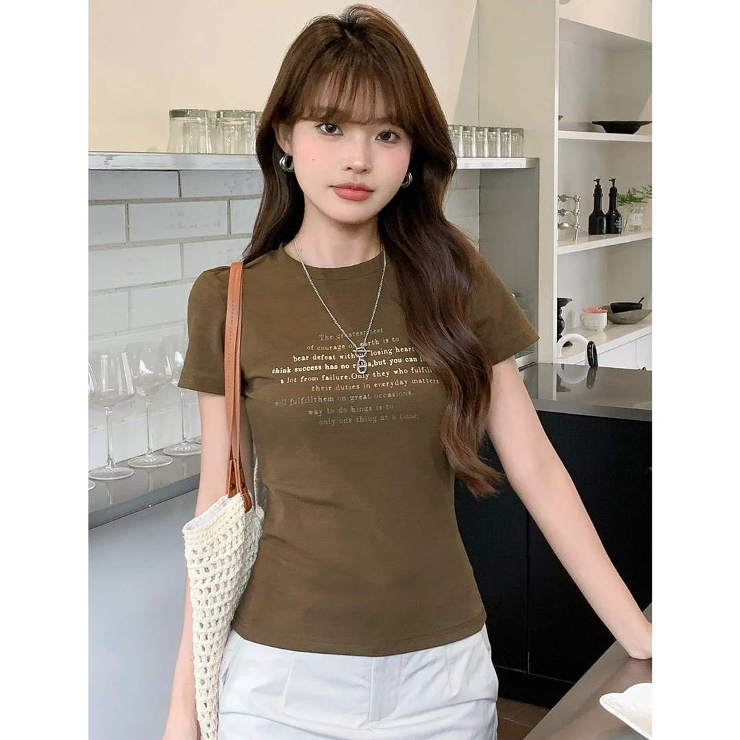 夏季修身显瘦T恤女印花休闲百搭女士圆领时尚短袖正肩上衣女