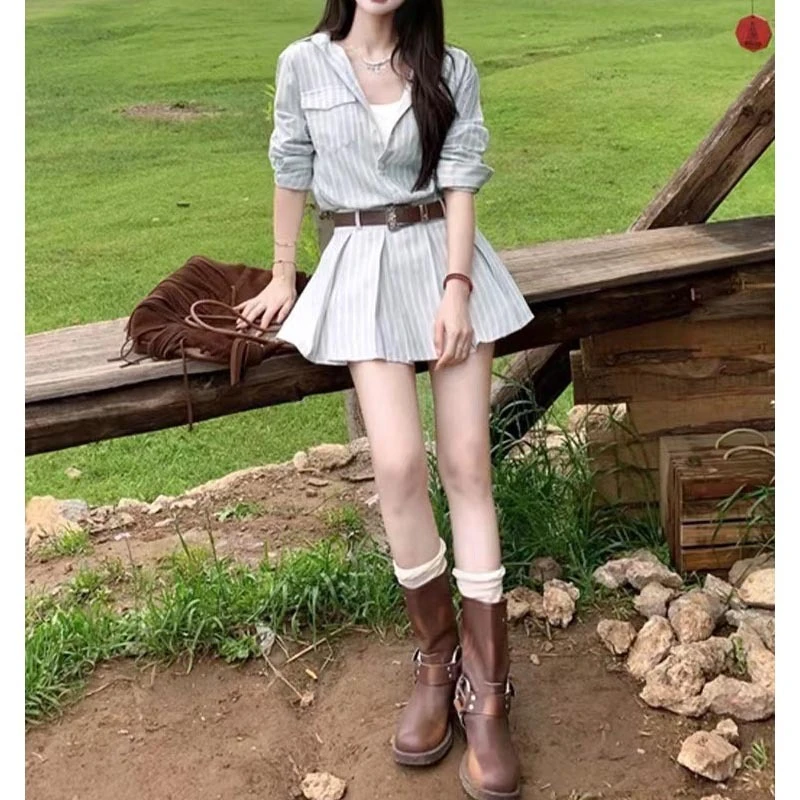 2024长袖条纹连衣裙子女夏季2024新款韩系穿搭气质收腰百褶短裙