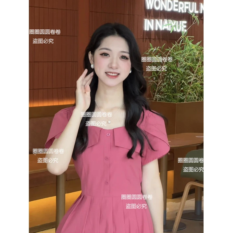 【现货+运补】【卷卷自制】100%棉法式方领显瘦收腰连衣裙火龙果裙子