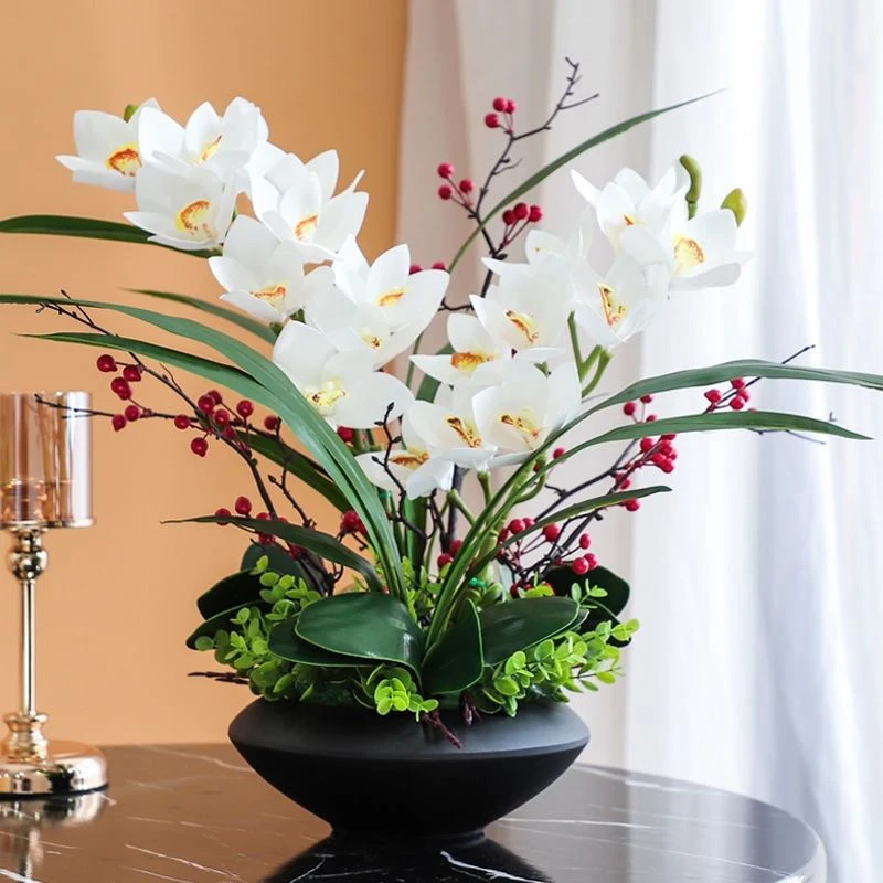 蝴蝶兰轻奢大盆蕙兰仿真花盆栽套装客厅玄关装饰摆件高档餐桌摆设