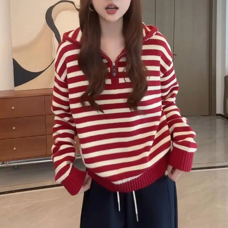 韩系学院风条纹连帽长袖针织衫女2025春秋新款时尚宽松打底衫上衣