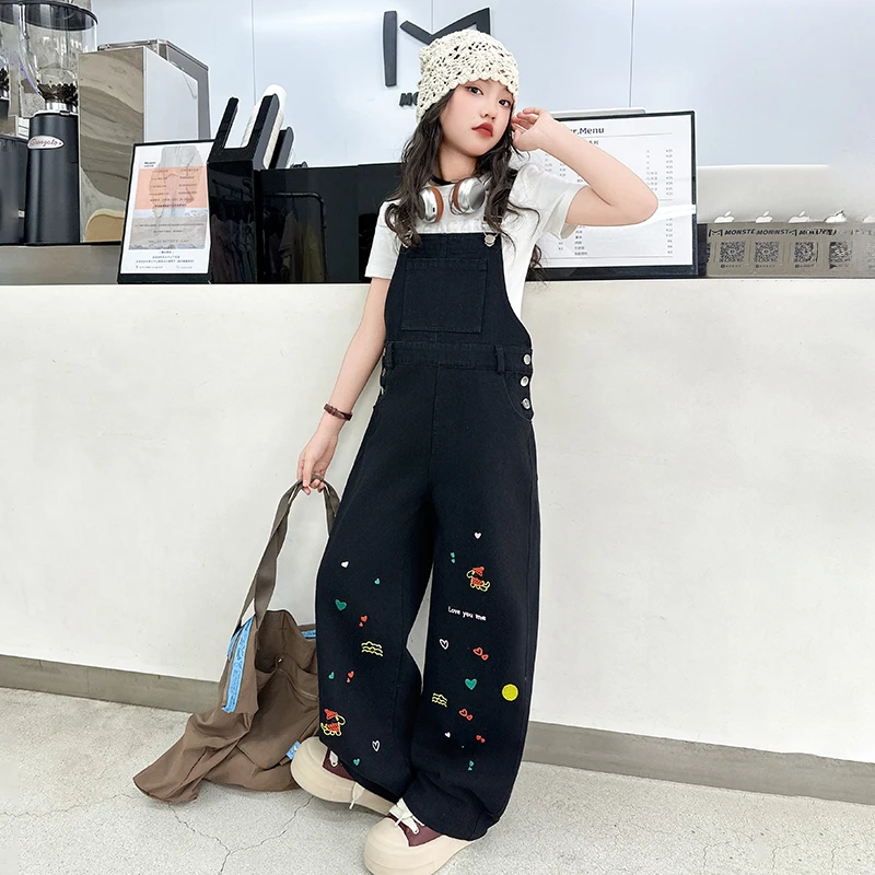 女童夏季套装2025新款儿童韩系洋气女孩休闲初中生短袖牛仔背带裤